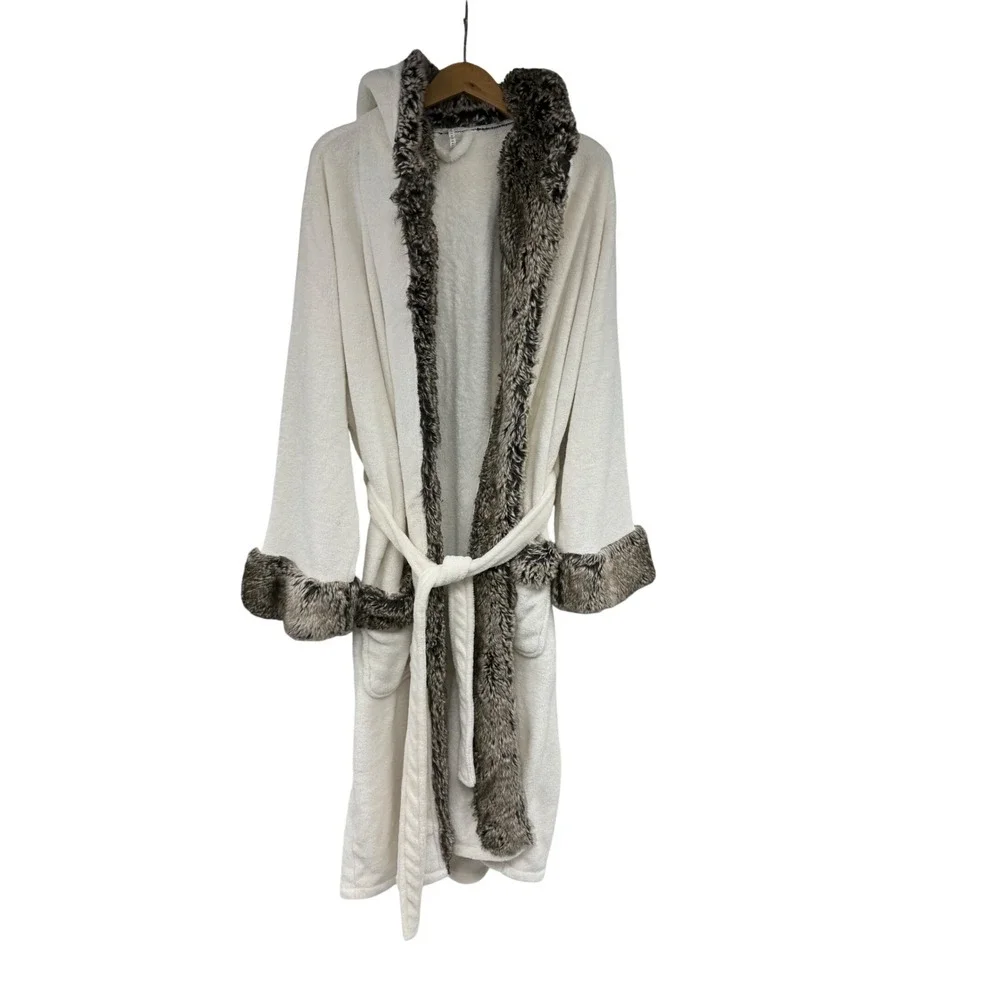 Pottery Barn Ivory Faux Fur Trim Hooded Plush Robe Extra Large XL Bathrobe - Picture 2 of 7